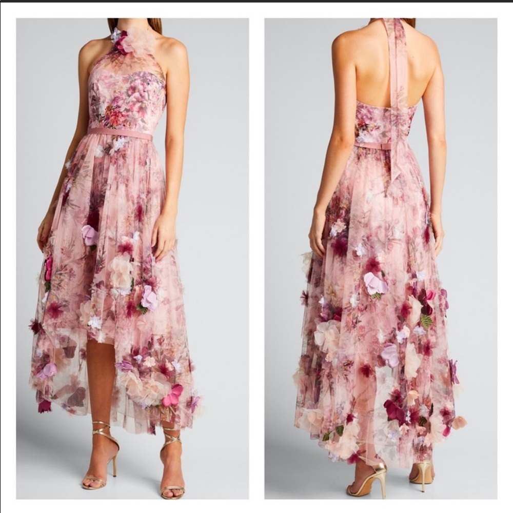 MARCHESA NOTTE High-Low Halter Dress 3D Flowers